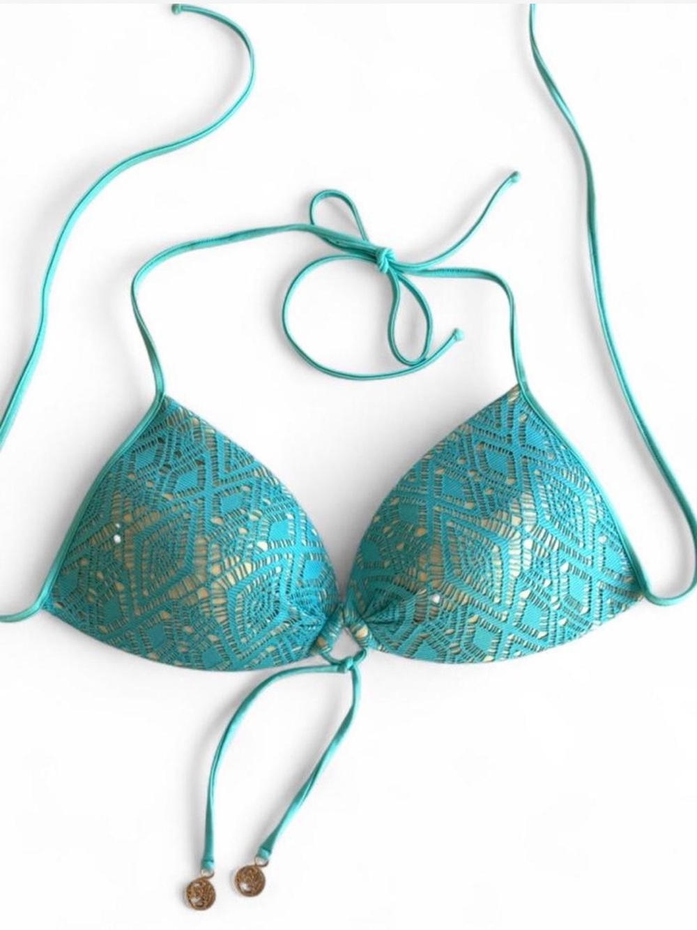 Luli Fama Turquoise Gold Crochet Push-Up Halter Bikini Top XL
